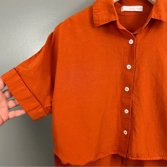 Mango Oversized Orange Linen Blend Short Sleeve Button-Up Shirt Size 2 - Picture 5 of 12